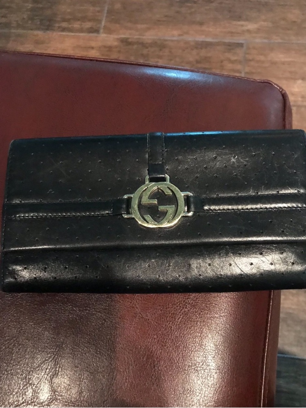 Gucci Black Leather Continental Wallet with Gold Double G Emblem